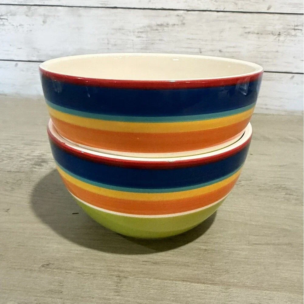 Set Of 2 PIER 1 Imports Soup/Cereal Bowls “Summer Stripes” Ironware RARE Vintage